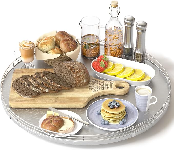 Oroyutor 16-Inch Oak Lazy Susan Organizer with Silver Iron Rail | Oak wood base, silver iron rail and smooth 360-degree rotation for dining tables, kitchen counters and spice storage. by Oroyutor