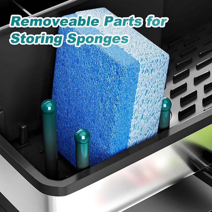 Ewaiira Stainless Steel Sink Caddy, Sponge Holder for Kitchen Sink 9.8″ | with Brush Holder and Towel Rack, Sink Organizer for Countertop, Soap Kitchen Organizers Storage Essentials, Black - Image 9