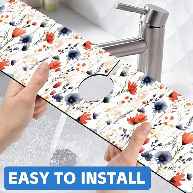 Watercolor Red and Blue Flowers Sink Faucet Absorbing Mat Sink Splash Guard Faucet Mat Draining Mat Fast Drying Sink Protectors for Kitchen and Bathroom 5.5"×24" - Image 6