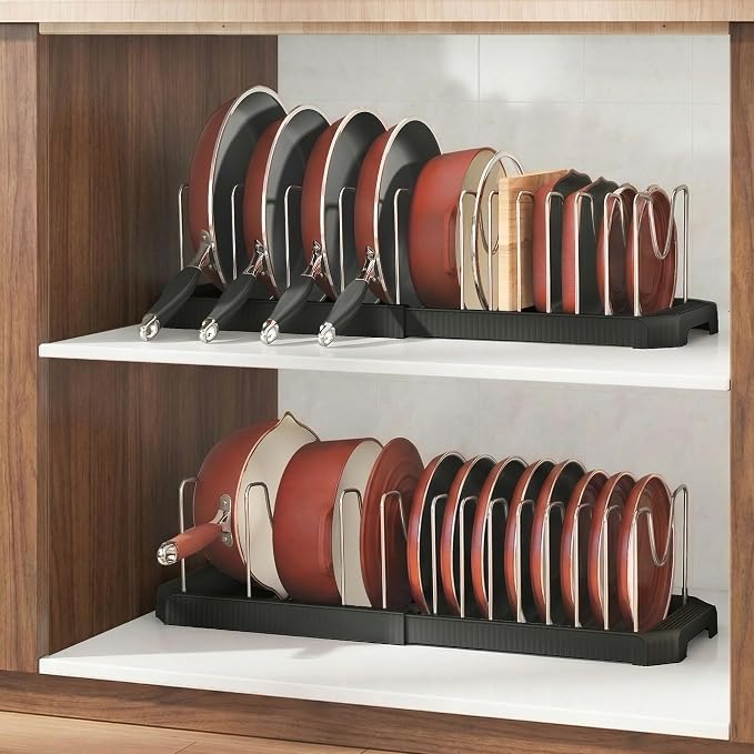 Expandable Pan Organizers Inside Cabinet with 12 Dividers Black | Extends 12.9-21.9", Holds cookie sheets, cutting boards, pot lids and pans, iron dividers, plastic base, under cabinet rack - Image 9