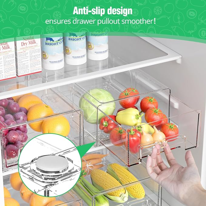 damynuo 2 Pack Refrigerator Drawers - Fridge Organizer Bins Stackable Storage Drawers, Clear Refrigerator Organizing Containers Pull Out Drawer for Fruit, Vegetable Storage and Keep Fresh - Image 4