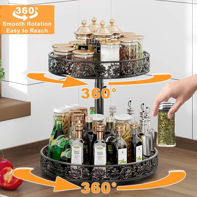 2 Tier Lazy Susan Organizer Turntable Height Adjustable, Black | 12 Inch Two Tier Lazy Susan,Metal Easy Assembly Spice Rack Organizer Rotating for Cabinet Dining Table Top Kitchen Countertop - Image 2