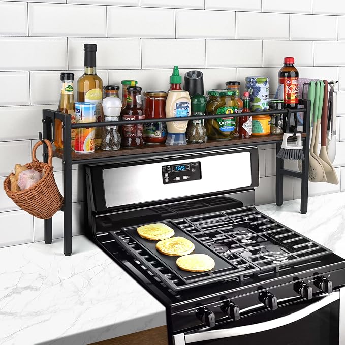Meangood Spice Rack Shelf for Kitchen Stove, Over the Stove Shelf with 4 Hooks Extra Storage Countertop, Rustic Wood & Solid Metal Commbined Stove Shelf for Storage Seasoning, Easy to Assemble by Meangood