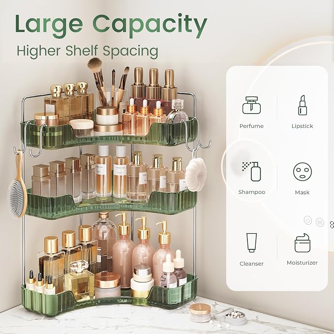 3-Tier Green Corner Organizer, PET Counter Storage with Hooks | Multi-Surface Organizer for Bathroom Vanity & Kitchen Countertop - Image 4