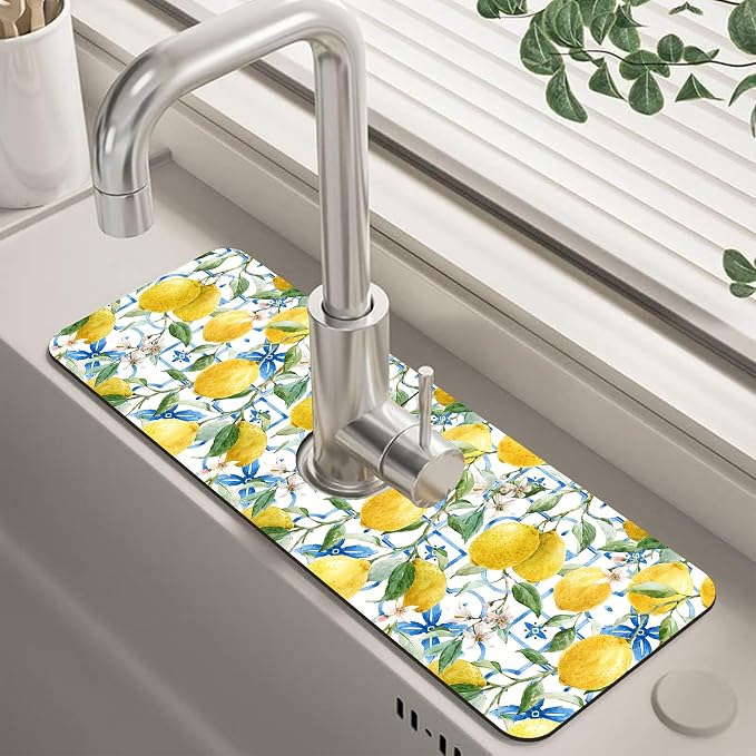 Yellow Lemons and Blue Tiles Sink Faucet Absorbing Mat Splash Guard Behind Faucet Sink Mat Absorbent Fast Drying Faucet Draining Mat for Bathroom Kitchen 5.5"×15" by Unknown