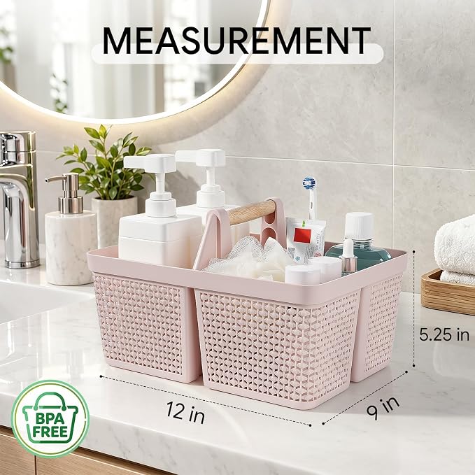 UUJOLY Portable Plastic Shower Caddy Basket with Wooden Handle, Pink | Divided Storage Organizer Tote for Bathroom, Dorm, College, Kitchen & RV – Lightweight, Easy-Carry Essentials Caddy - Image 5