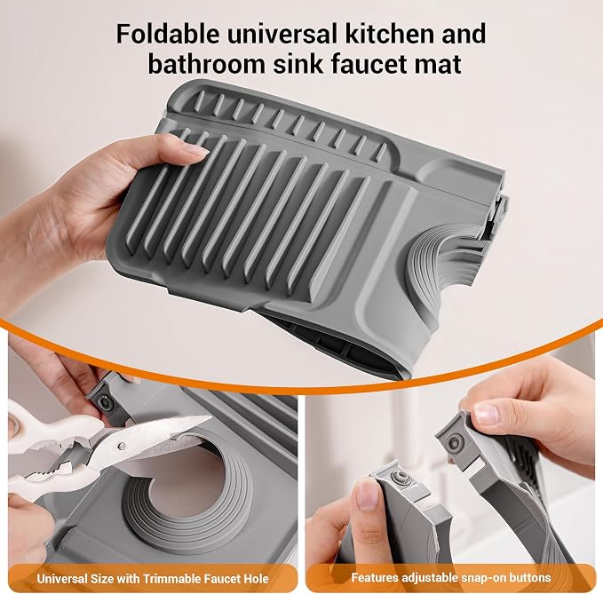 ZJWZLG Faucet Mat for Kitchen Sink, 14"X5.5" Silicone Sink Splash Guard , Snap-On Design & 7°slope Fast Drain, Folding Sink Faucet Mat for Universal Kitchen Bathroom Sink(Grey) - Image 6