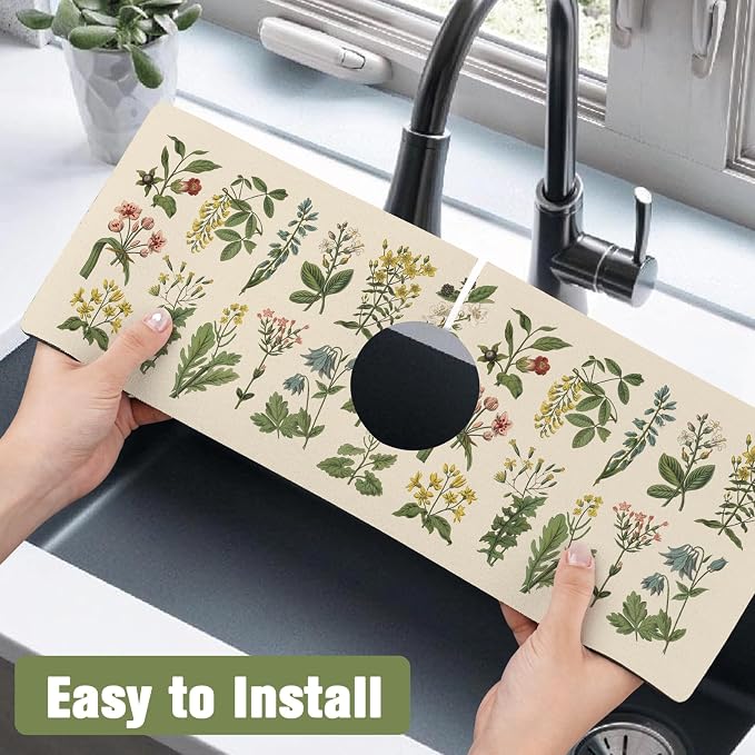 2 Pack Kitchen Sink Splash Guard Faucet Mat 15" X 5.5" Floral Absorbent Fast Drying Mat Faucet Draining Mat Sink Splash Guard Behind Faucet Drip Catcher for Kitchen Bathroom - Image 5