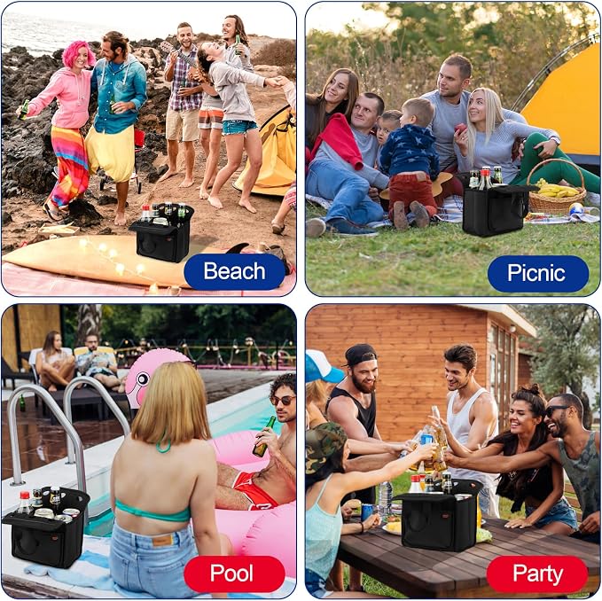Portable Drinks Tote Bag for 6 PCS Beverage Cans/Bottles, Neoprene Insulated Drinks Can Bottle Carrier Tote Beverages Cans Cooler Bag Holder for Camping, Picnic, Party (Black) - Image 7