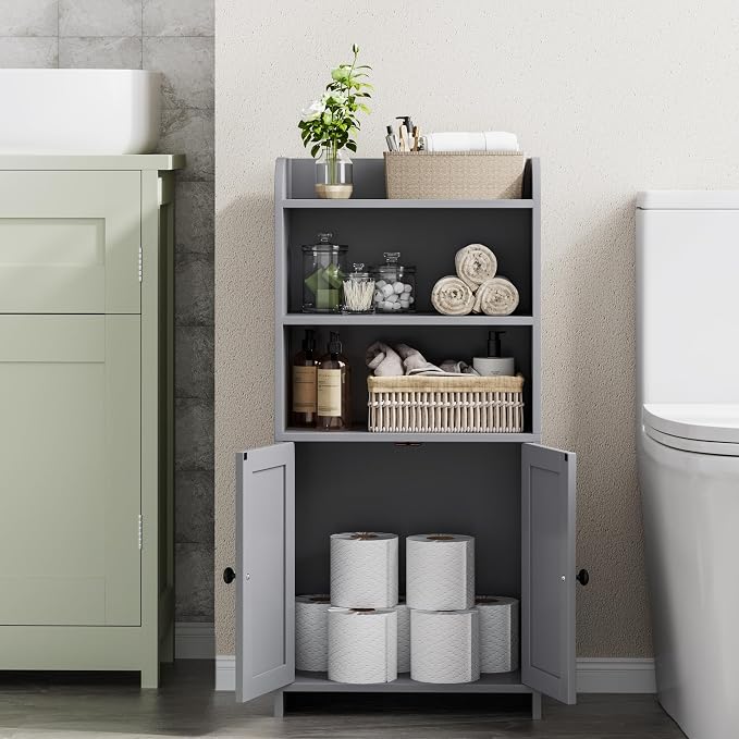 Homhedy Small Bathroom Storage Cabinet, Toilet Paper Storage Cabinet | Bathroom Floor Cabinet with Doors and Shelves, Bathroom Organizers for Small Spaces, 7.9" D x 14.6" W x 31" H, Gray - Image 9