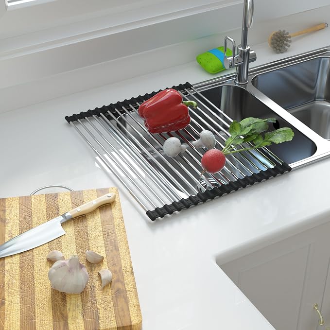 Expandable Roll Up Dish Drying Rack Over The Sink Rack, Foldable Dish Drainer Rack Stainless Steel for Large Sink, Silicone Rollable Collapsible Rack 18 Tube for Kitchen(Sliver,12'' to 21.14”) - Image 4