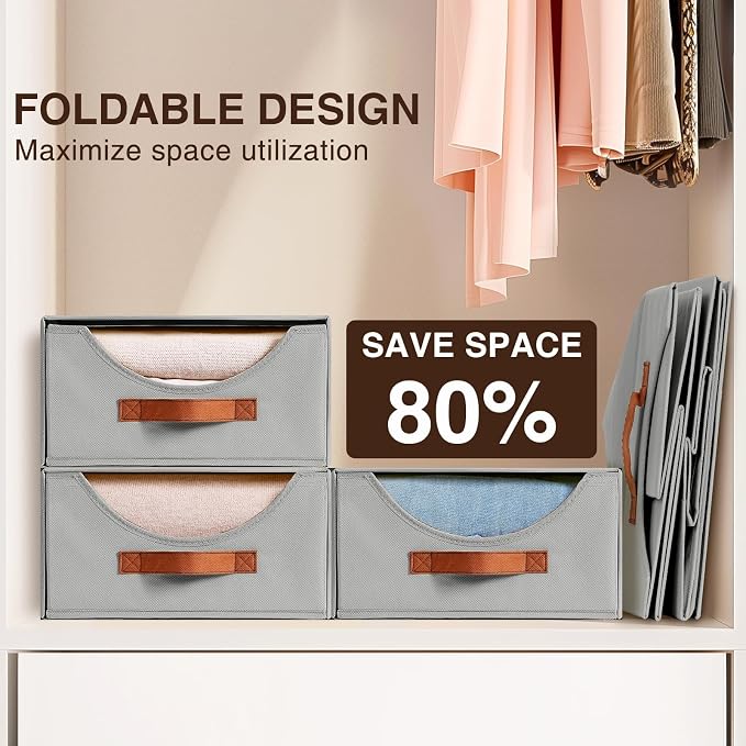 Stackable Storage Drawers - Large Collapsible Storage Bins with Drawers, 6 Pack Closet Shelf Organizer Basket, Fabric Pull Out Organizer for Bedroom, Living Room, Dorm, Grey - Image 7