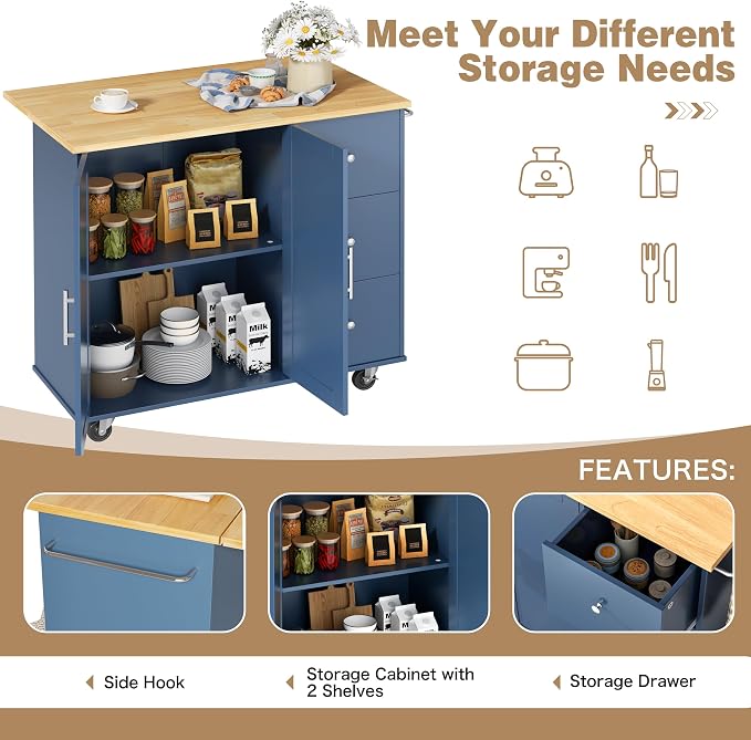 Shintenchi Kitchen Island with Folding Drop Leaf, Rolling Island Table with Storage, Kitchen Cabinet on Wheels with Seating Area for Kitchen, Bar Cart with Cabinet, Blue - Image 6