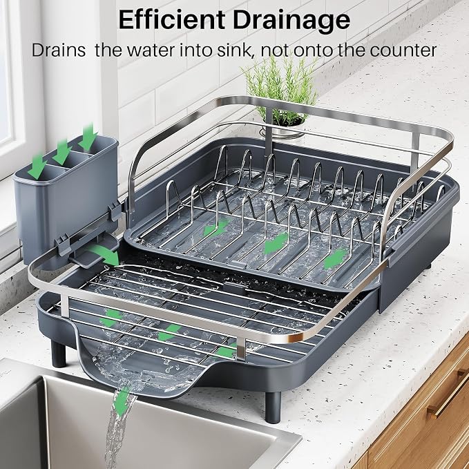 SNTD Expandable Dish Drying Rack for Kitchen Counter, 15.2-22.1 in, Gray | Rust-Resistant Stainless Steel, Protective Side Rails, Self-Draining Drainboard, Removable Utensil Holder - Image 3
