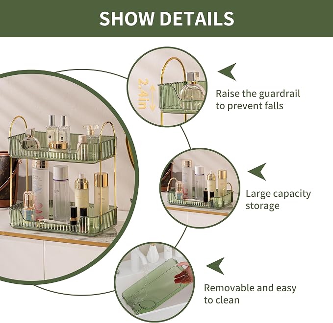 Akinbas 2 Tier Bathroom Organizer Countertop Makeup Perfume Tray Skincare Organizer for Bathroom Dresser Vanity (Green) - Image 6