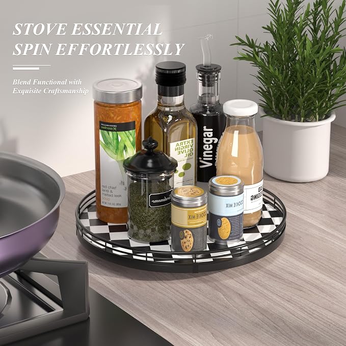 AMH 12 Inch Black and White Checkerboard Lazy Susan with Oak Wood Base | Smooth rotating oak tray with walnut finish for dining tables, kitchen counters, pantries and cabinet storage. - Image 5
