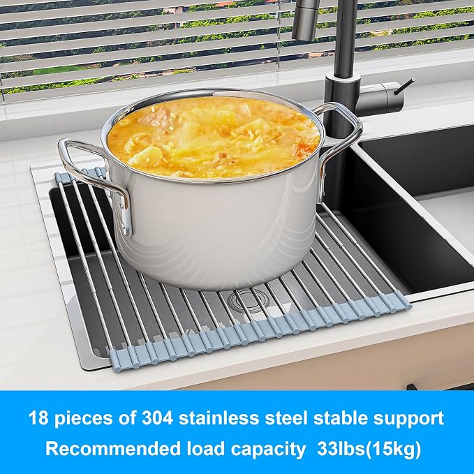 20.27 x 13.19 Inch Roll Up Dish Drying Rack, Expandable Over Sink Drying Rack 304 Stainless Steel Drainer for Counter Kitchen Home RV Essentials Foldable Over Sink Drying Rack, Grey - Image 4