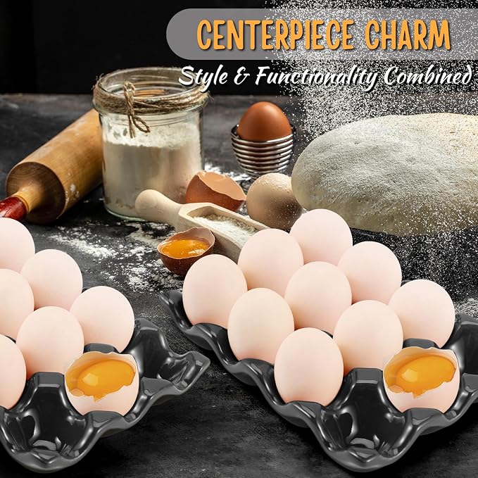 Flexzion 12 Cups Ceramic Egg Holder for Fridge - Dozen Ceramic Egg Tray Porcelain Container Storage Organizer Decorative Serving Stand Serveware for Refrigerator Countertop Display (Black, 2 Pack) - Image 6