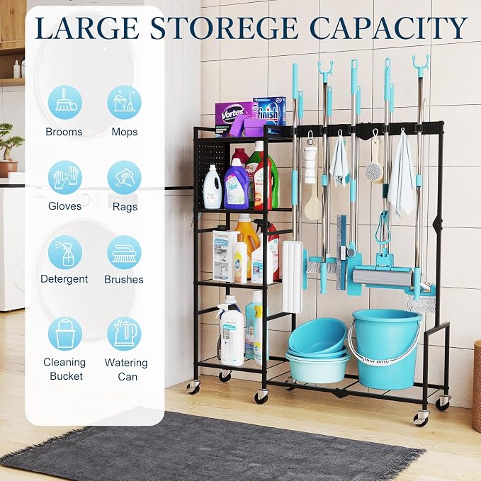 Broom Holder with Cleaning Supplies Organizer, Heavy Duty Janitorial Housekeeping Cart with Mop Clips & Hooks, Home Essentials Broom Closet Storage, Multifunctional Cleaning Cart for Laundry - Image 2