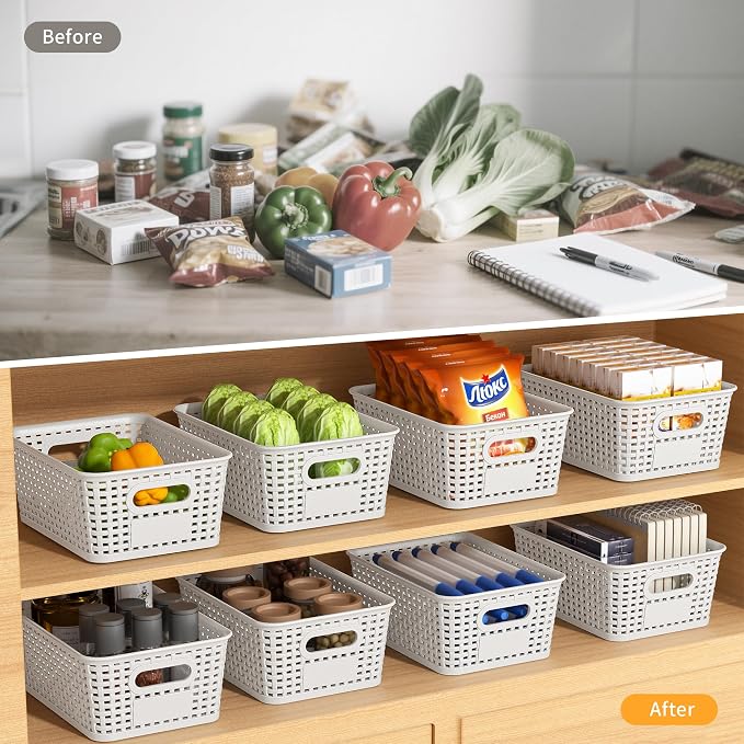 8 Pack Plastic Storage Baskets,White Stackable Storage Bins | 5.3qt Storage Containers with Labels for Organizing Shelves Drawers Desktop Closet Playroom Classroom Office - Image 4