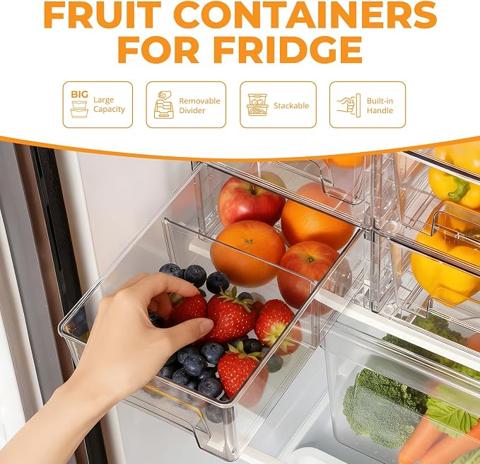 6 Pack Stackable Storage Drawers,Plastic Organizers Bins, Drawers Storage with Handles and Movable Dividers for Organization and Storage in Fridge,Bathroom, Pantry, Kitchen Cabinets, Under Sink - Image 3