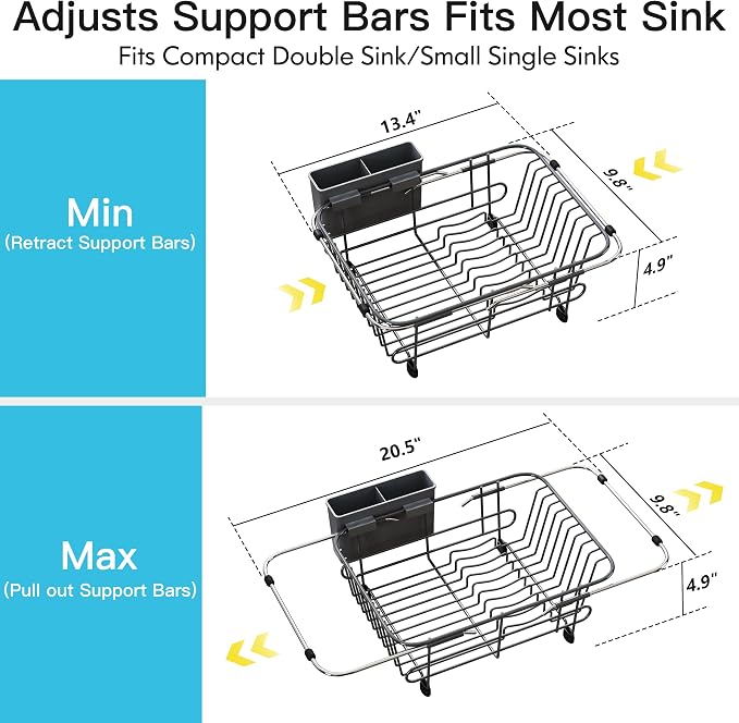 JASIWAY Gray Dish Drying Rack in Sink with Utensil Holder, RV, Apartment | Over Sink Expandable Stainless Steel Dish Drainers for Compact Kitchen, Space Saving, Fast Drain, Rustproof, For 1-2 people - Image 4