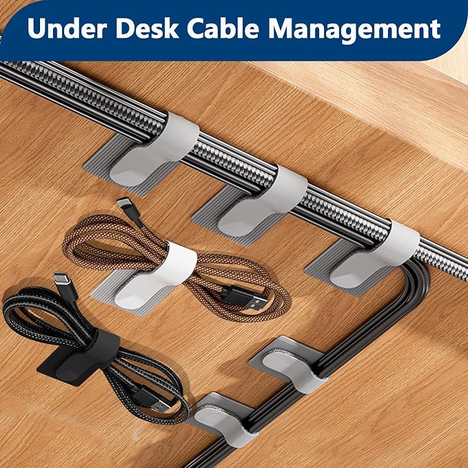 Abnii 50 PCS Hook and Loop Cable Ties, Under Desk Cable Management, White | Self Adhesive Cable Clips Straps, Sticky-Back Cord Organizer, Wire Organizer for TV PC Laptop Ethernet Desktop - Image 2