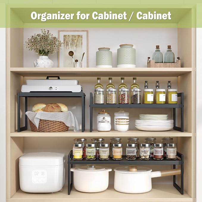 DOLALIKE Expandable kitchen Countertop Organizer, Stackable Cabinet Shelf Organizers, Space Saving Spice Rack Pantry Storage for Bathroom Office (Black, 1 Pack) | Space Saving Metal Pantry Storage Racks for Kitchen Spice Rack Pans and Untensils Bathroo... - Image 4