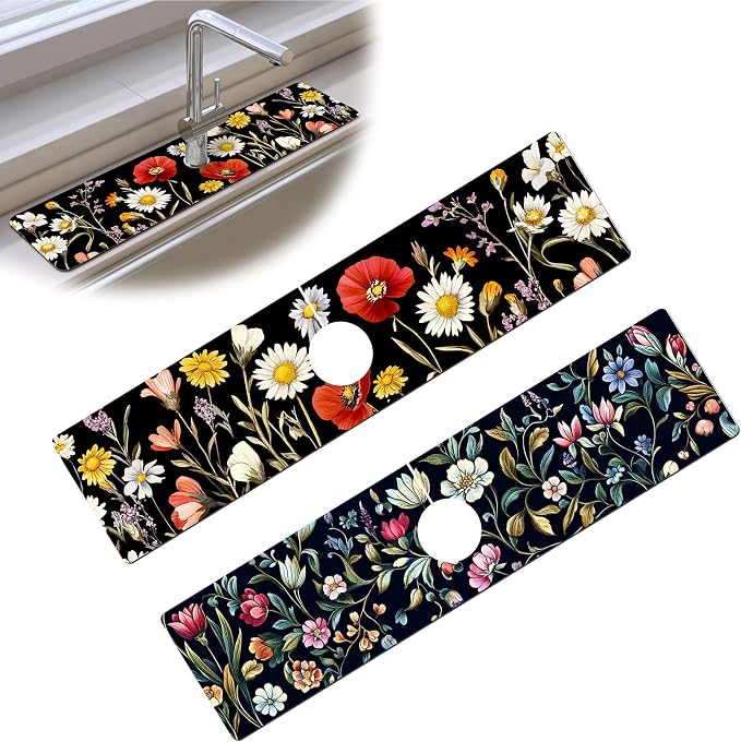 Bimkole 2 PCS Faucet Absorbent Mat, Kitchen Faucet Sink Splash Guard Wraparound Cloth Pads Drip Catcher for Sink Faucet for Kitchen Bathroom Faucet, Colorful Faucet Mat, 15 x 4 Inch Flower A1 by Bimkole