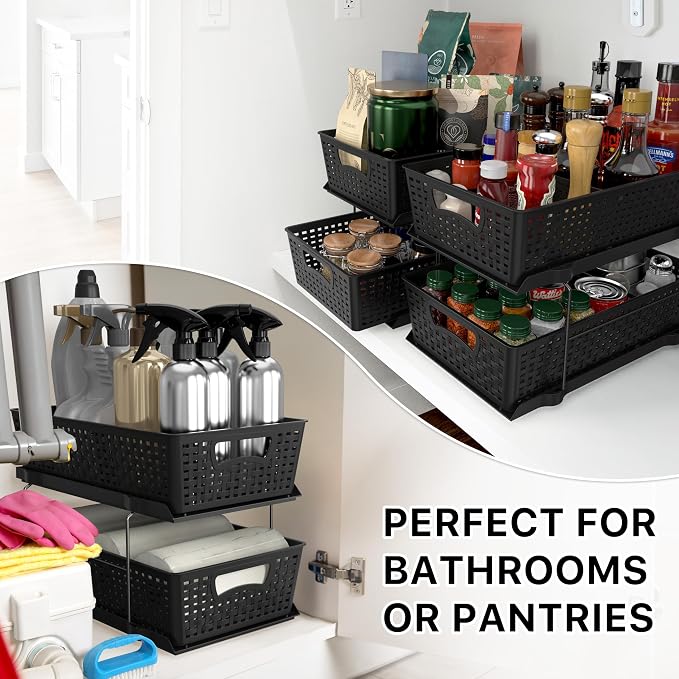 Simple Houseware 2 Tier Pull-Out Sliding Drawer Under Sink Storage, Black | Great for Kitchen Bathroom Tray Shelf Organizer - Image 8