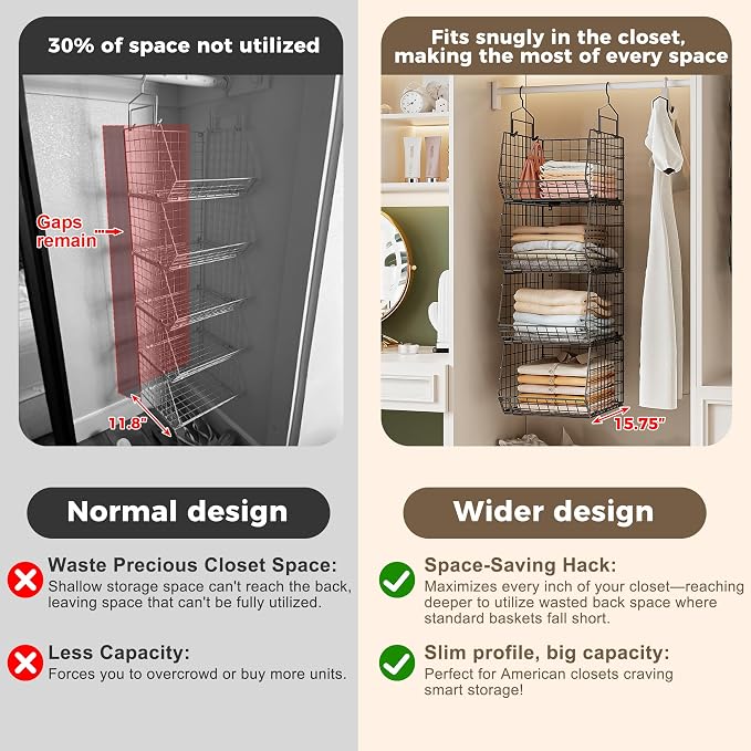 4" Extra Deeper Hanging Closet Organizers and Storage,4 Tier Foldable Wire Cabinet Shelves with 5 S Hooks,Small Metal Basket Bins for Clothes Sweaters Handbags, Wardrobe for Kitchen Laundry Room，Black - Image 4