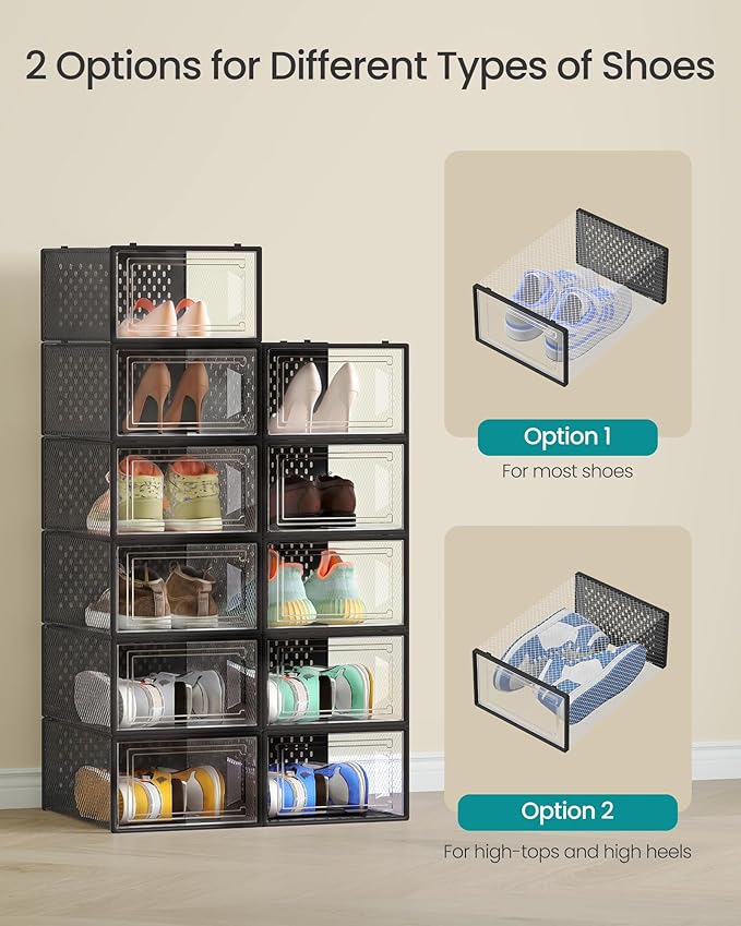SONGMICS Shoe Boxes, Pack of 18 Shoe Storage Organizers, Stackable Clear Plastic Boxes for Closet, Sneakers, 13.1 x 9.1 x 5.6 Inches, Transparent and Black ULSP18SBKV1 - Image 4