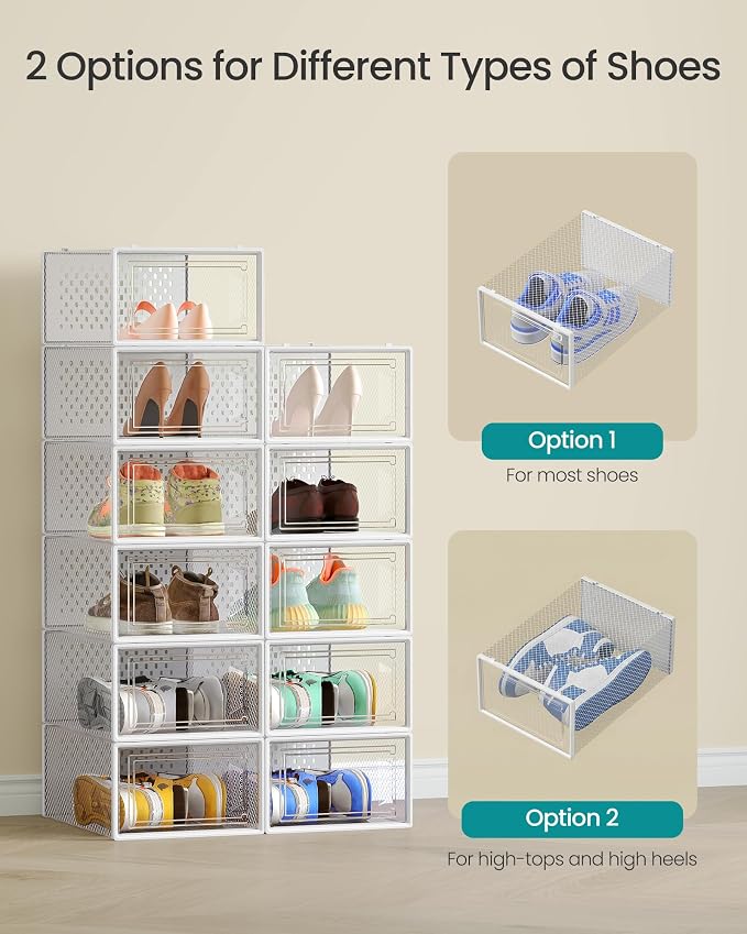 SONGMICS Shoe Boxes, Pack of 18 Shoe Storage Organizers, Stackable Clear Plastic Boxes for Closet, Sneakers, 13.1 x 9.1 x 5.6 Inches, Transparent and White ULSP18SWT - Image 4