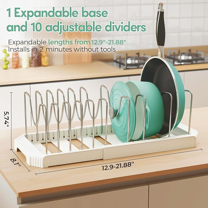 Expandable Pan Organizers Inside Cabinet with 10 Dividers White | Extends 12.9-21.9", Holds cookie sheets, cutting boards, pot lids and pans, iron dividers, plastic base, under cabinet rack - Image 3
