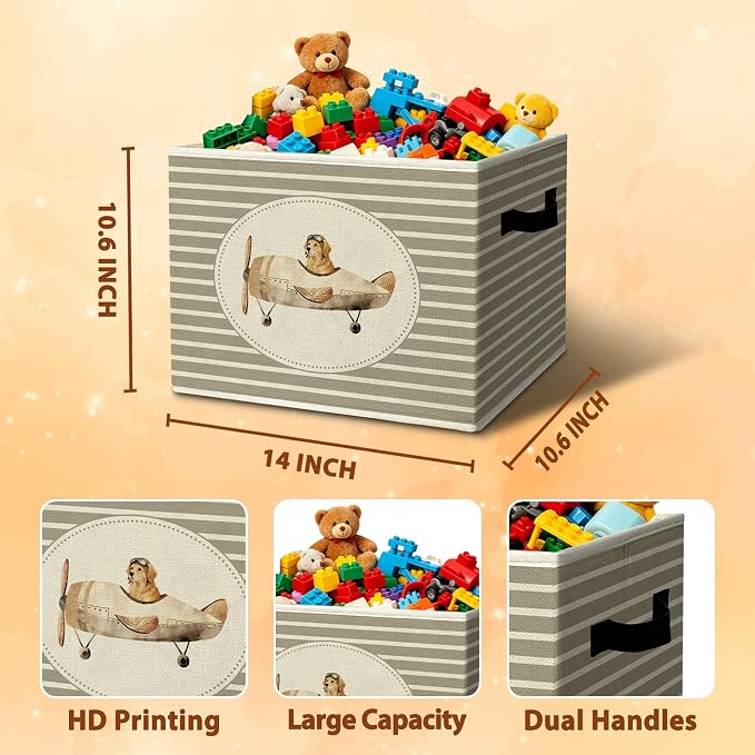 Rustic Golden Retriever Airplane Storage Bins Boxes with Handles | toys books clothes, grey striped nursery foldable basket for organizing bedroom toddler room playroom - Image 3