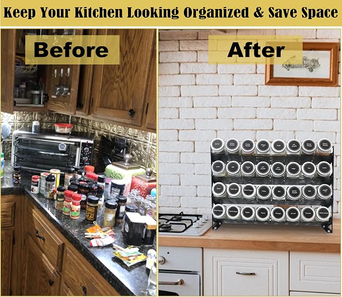 4 Tier Spice Rack Organizer with 32 Square Spice Jars and 160 Spice Labels Set for Kitchen Cabinet Countertop Pantry or Wall Mount, Matte Black - Image 7