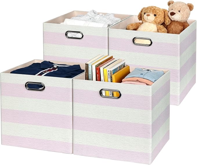 Storage Bins Storage Cubes,13×13×13 Collapsible Storage Boxes Containers Organizer Baskets - 4pc, Light Pink Striped - Image 2