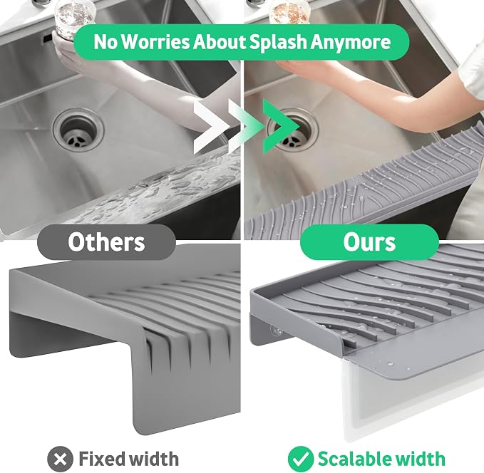 Silicone Sink Edge Protector and Splash Guard with Matching Drain Strainer, 24 Inch Countertop Chip Guard for Kitchen and Bathroom, 62 Suction Cups, Heat Resistant to 446°F, Gray - Image 7