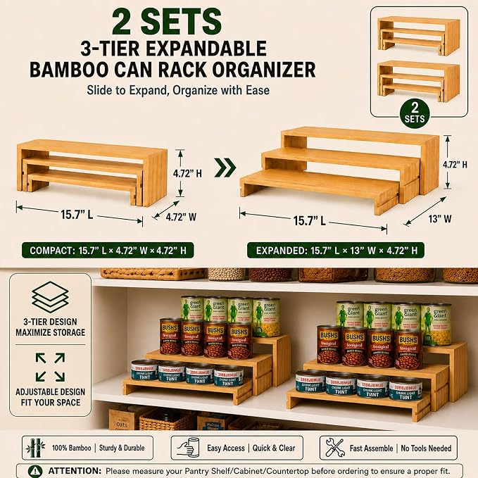 Expandable Bamboo Can Organizers and Storage Rack for Pantry Cabinets 2 Set | 100% Natural Bamboo,Expandable 3 Ties,Adjustable Depth for Pantry Cabinets,s sets,Spice Rack and Canned Food Organizer - Image 2