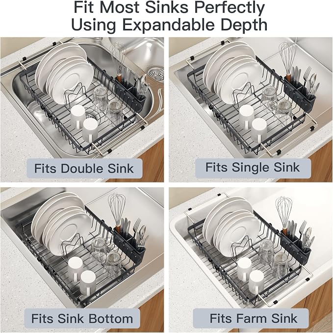Grey Dish Drying Rack Over The Sink with Utensil Holder, Mat | Expandable Stainless Steel Dish Drainer for Small Kitchen, Apartment, RV, Counter Space Saving, Perfect Fit, Rustproof - Image 5