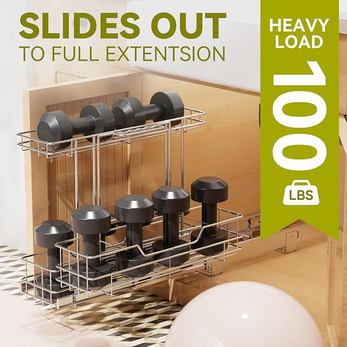 2 Tier Under Sink Organizer 11" W X18 D, Pull Out Cabinet Organizer One Removable Basket, Under Sink Slide Out Chrome Plated, Under Kitchen Bathroom Sink Organizer, 2 Pack - Image 8