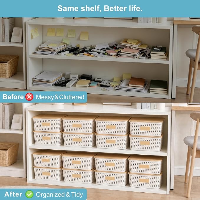 4 Pack Plastic Storage Bins with Bamboo Lids, 6.2qt Stackable Storage Organizer Box with Lable for Pantry Shelves Drawers Desktop Office, 12"L x 8.3"W x 3.5"H, Cream White - Image 7