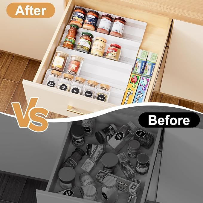 Spice Drawer Organizer 4 Tier, Adjustable Kitchen Seasoning Rack Tray | Expandable from 13" to 26", with Anti-Slip Mat, Acrylic Spice Organization Cabinet Countertop (Jars Not Included)-White - Image 3