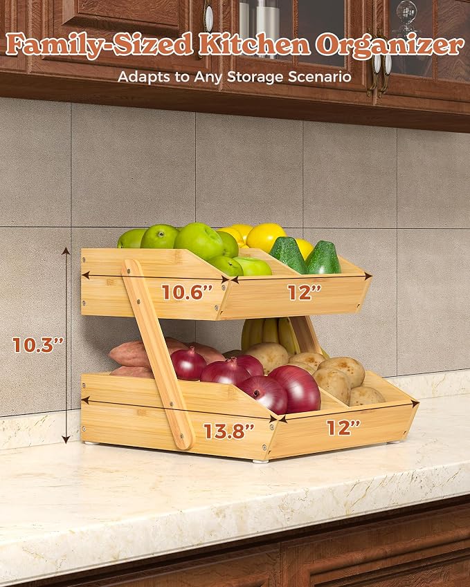 2-Tier Bamboo Fruit Basket with 2 Banana Holders | Large tiered organizer for bread, snacks, veggies. Sturdy bamboo, includes mats & dividers. Easy to assemble. - Image 5