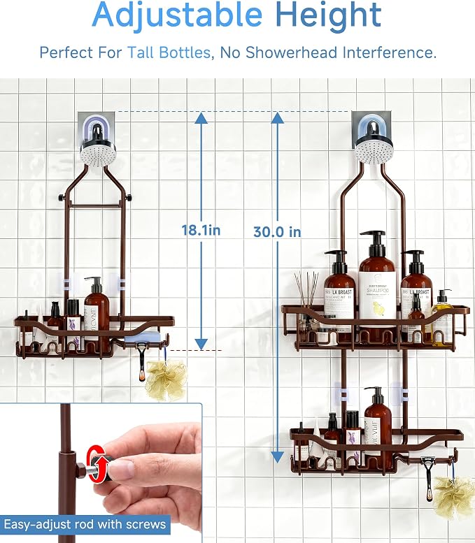 Upgraded Extended Length Shower Organizer with Hooks, Rustproof Shampoo Soap Holder, Large Hanging Bathroom Caddy, Brown - Image 3