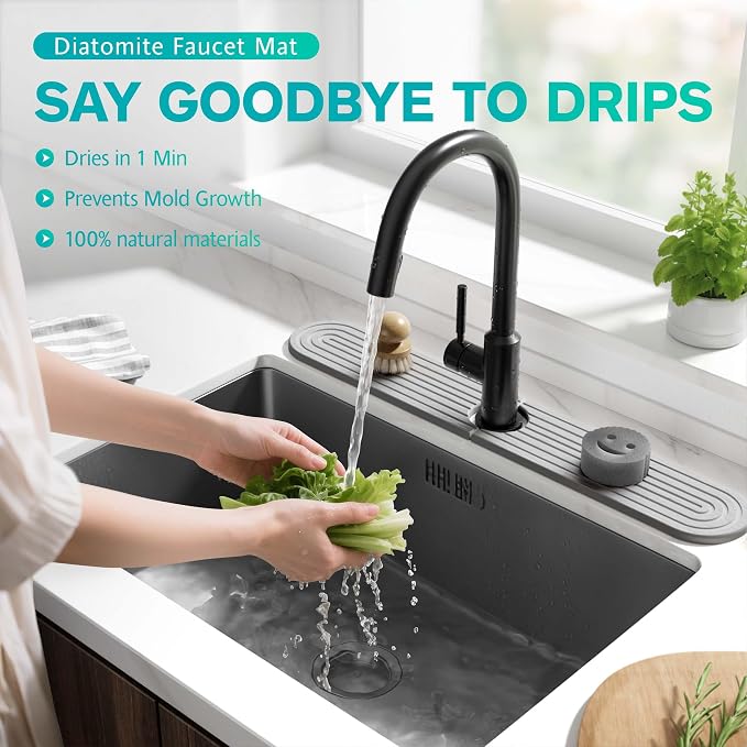 Stone Faucet Mat for Kitchen Sink – Diatomite Fast-Drying Stone Tray, Faucet Mat Sink Splash Guard, Decorative Sink Protector for Kitchen Bathroom Counter [Gray, 17.7''x3.9''] - Image 5