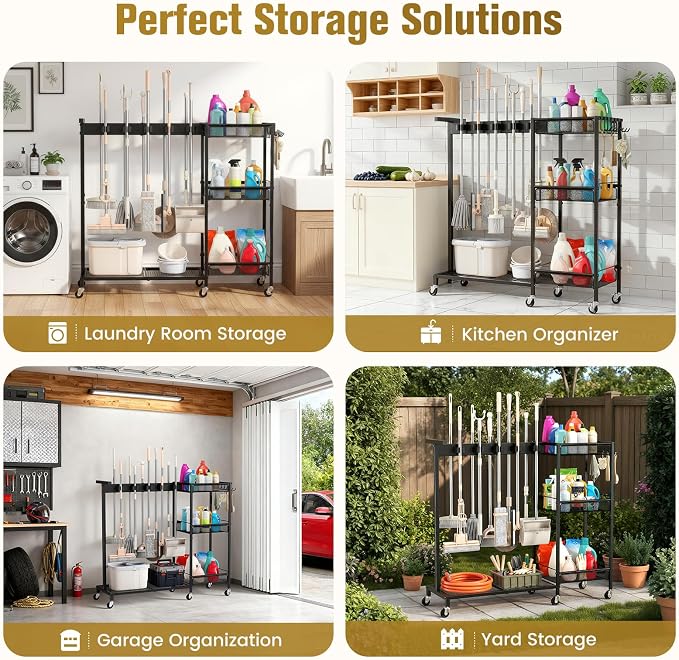 Broom Holder with Cleaning Supplies Organizer, Cleaning Utility Cart on Wheels, 10 Clips & 7 Hooks, 3-Tier Shelves, Broom Closet Storage Cabinet with Cleaning Caddy for Home Commercial Use - Image 8