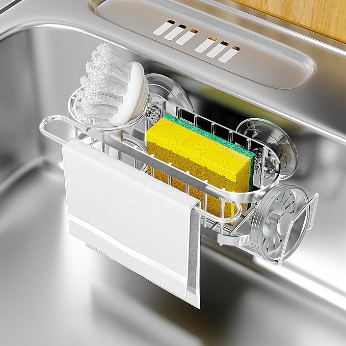 Cisily Kitchen Sink Caddy Sponge Holder in The Sink, Stainless Steel Kitchen Sink Organizer, Brush Holder, Dish Cloth Hanger, Sink Stopper Holder (Suction cup-Silver) by CISILYHOMELIFE