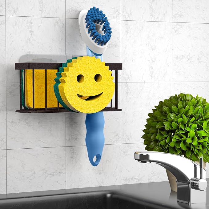 MURLONG Sponge Holder Smiley Face, Sink Caddy for Kitchen Sink, Sink Organizer Sponge Holder with 2 PCS Suction Cups/1 PCS Adhesive Strips, Designed for Sponge, Soap, Dish Brush, Scrubber-Bronze - Image 6