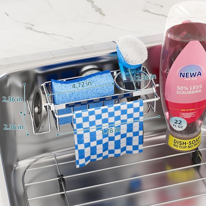 TAILI 4-in-1 Sink Caddy for Kitchen Sink with Strong Suction Cup-Silver | Removable Sponge Holder for Kitchen Sink Organizer, Rustproof 304 Stainless Steel Holder for Sponge, Brush, Scrubber, Scraper - Image 3